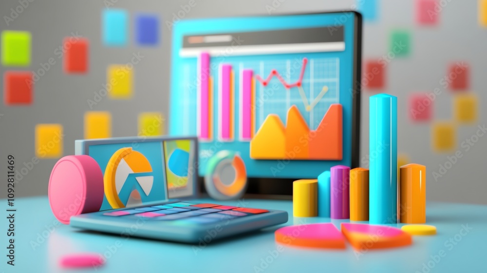 Poster a computer screen with colorful business charts and graphs.