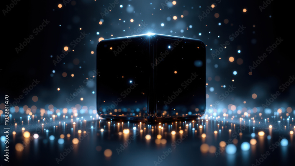 Poster advanced ai technology represented by an illuminated cube with futuristic lights and sparkles.