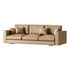 Fototapeta premium A tan leather couch with three cushions and a pillow