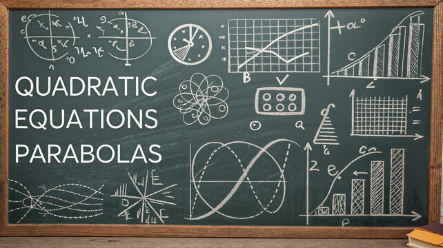 Chalkboard with quadratic equations and parabolas