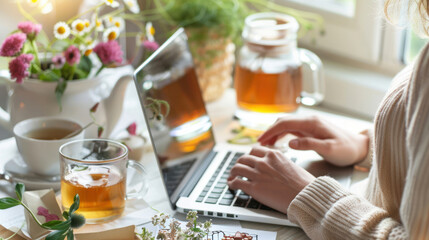 A woman researching menopause treatments on her laptop, surrounded by natural remedies and a cup of tea, cozy and focused tone
