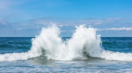 Fototapeta premium Waves colliding in the middle of the ocean, water splashing energetically in all directions, wave collision, chaotic water energy