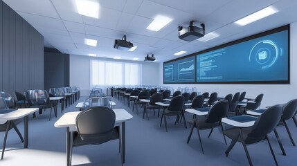 A large room with a blue screen on the wall