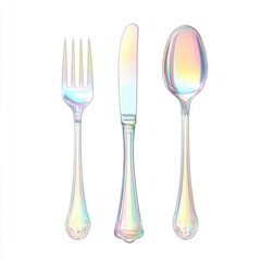 Fototapeta premium Iridescent cutlery set including fork, knife, and spoon, isolated on white background