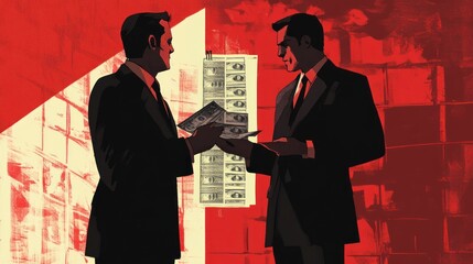 Two men in suits exchange money in a shadowy setting.