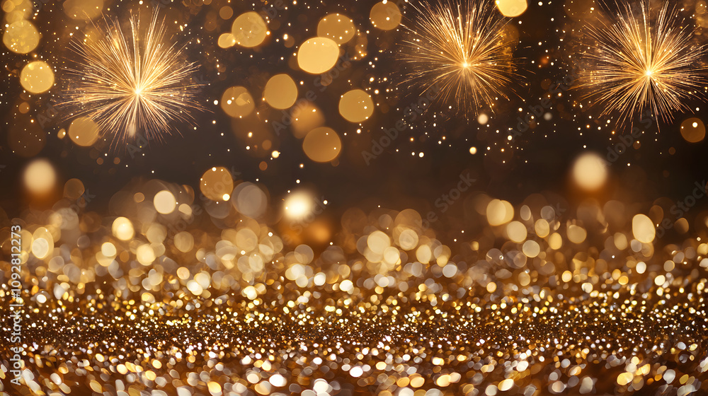 Poster golden glittering background with sparkling lights and fireworks display. generative ai.