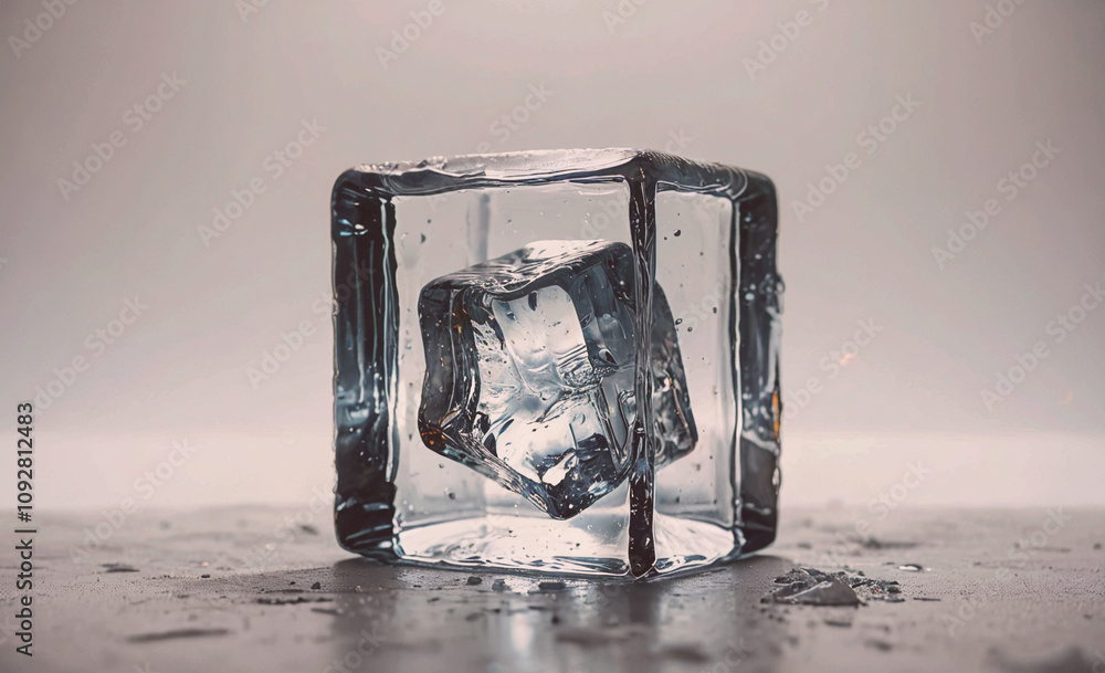 Poster cube of ice is sitting on a table. the ice is partially melted and has water droplets on it