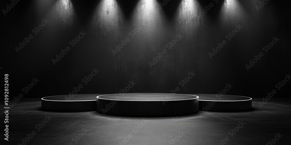 Poster empty performance stage with dramatic lighting in a dark setting, three circular platforms ready for