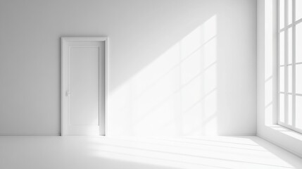 Minimalistic white room with large windows and a door illuminated by sunlight.