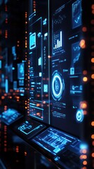 Obraz premium Futuristic digital interface displaying data analytics and technology metrics.