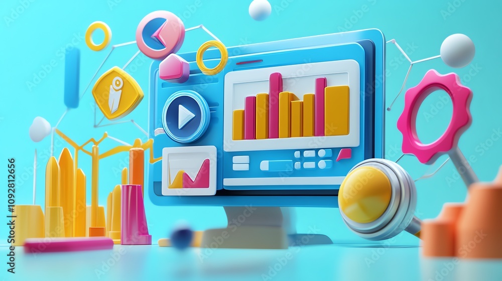 Poster a computer screen with colorful business charts and graphs.