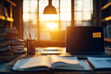 A warm and cozy study environment with sunlight streaming in, filled with books, a laptop, and stationary signifying learning, focus, and relaxation.