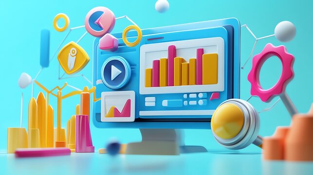 A computer screen with colorful business charts and graphs.