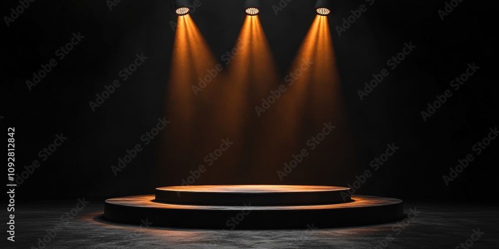 Poster spotlight on empty stage with dramatic lighting in a dark setting for performance, presentation, or 