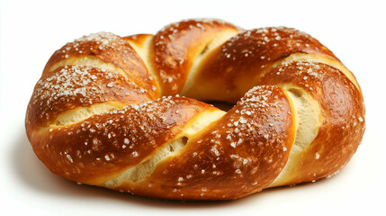 A perfectly baked soft pretzel with a golden brown crust, sprinkled generously with coarse salt crystals. The twisted dough showcases its fluffy texture, ideal for snacking or pairing with dips.