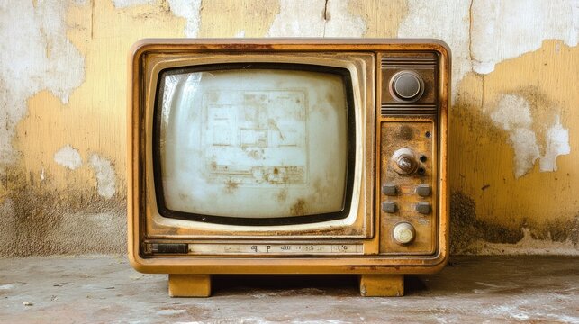 Vintage television with static screen and peeling yellow paint on the wall.