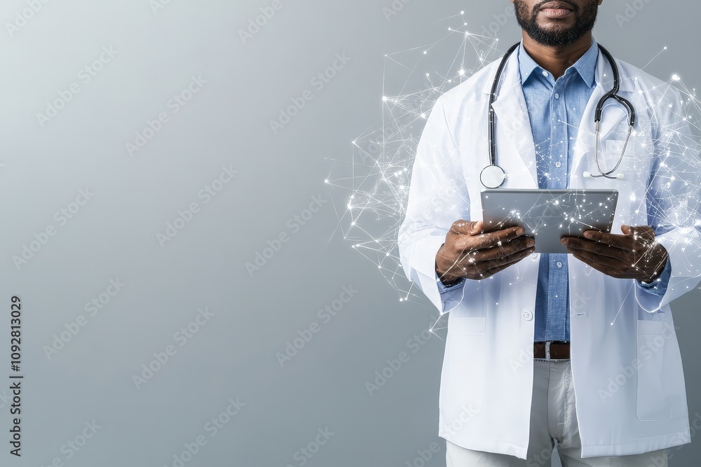 Poster a medical professional holds a tablet with a visible network of digital connections, symbolizing the