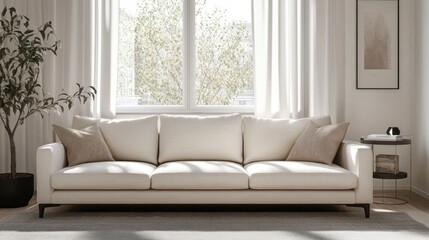 Fototapeta premium A large white couch sits in a room with a window and a plant