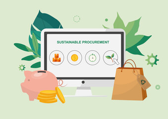 Sustainable Procurement Concept with Eco Elements. Sustainable procurement showcasing eco-friendly practices with a piggy bank, coins, leaves, and a shopping bag. Ethical sourcing. Vector illustration
