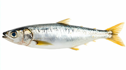 Naklejka premium A detailed side view of a fresh silver fish with shiny scales, yellow fins, and a natural texture. Captured against a clean white background for clarity and emphasis on its vibrant features.