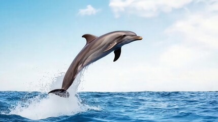 Fototapeta premium A dolphin leaping through energetic ocean waves, water spraying around, dolphin wave energy, ocean splash
