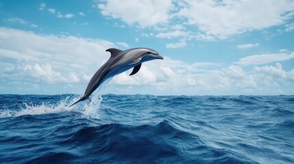 Fototapeta premium A dolphin leaping through energetic ocean waves, water spraying around, dolphin wave energy, ocean splash