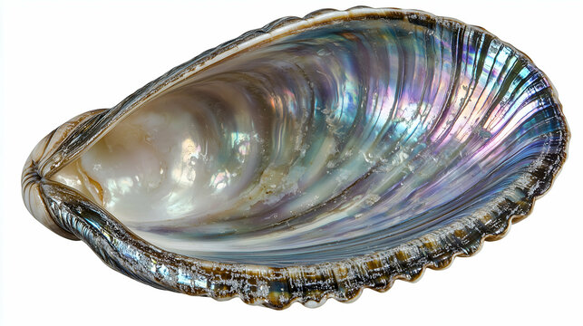 A stunning abalone shell showcasing its vibrant iridescent interior with a mix of pearlescent colors and intricate textures. Captured on a clean white background to emphasize its natural beauty.