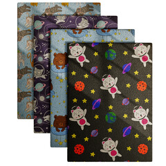 A collection of four different cat-themed quilts, each with a different design