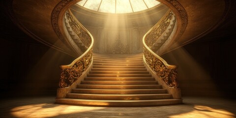 Obraz premium Elegant staircase illuminated by sunlight, showcasing ornate details and a grand atmosphere.