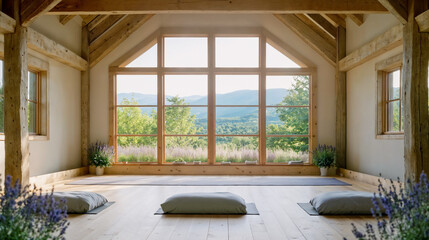 Wellness retreat space and yoga studio in Vermont barn with panoramic mountain views