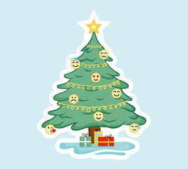A festive Christmas tree decorated with emoji ornaments representing various emotions, accompanied by gifts underneath. The slogan invites you to choose your mood for the year.