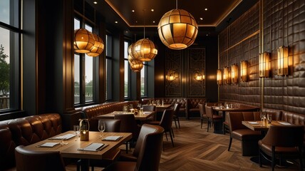 Fototapeta premium Luxurious restaurant interior with brown leather booths, wood floors, and elegant lighting.