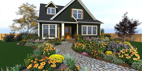 dark green and gold modern house with shingle roof, different flowers and elegant paving stones 