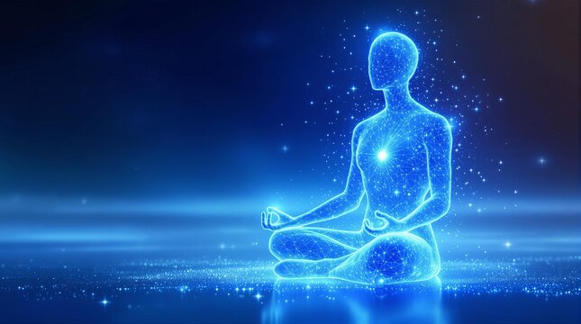 Digital figure meditating in cosmic space; symbolizes tranquility and mindfulness