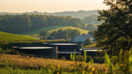 Bioenergy Production Industry Concept, Serene Bioenergy Production Site Captured at Sunrise, Highlighting Circular Economy Principles in a Natural Landscape with Green Fields and Storage Tanks