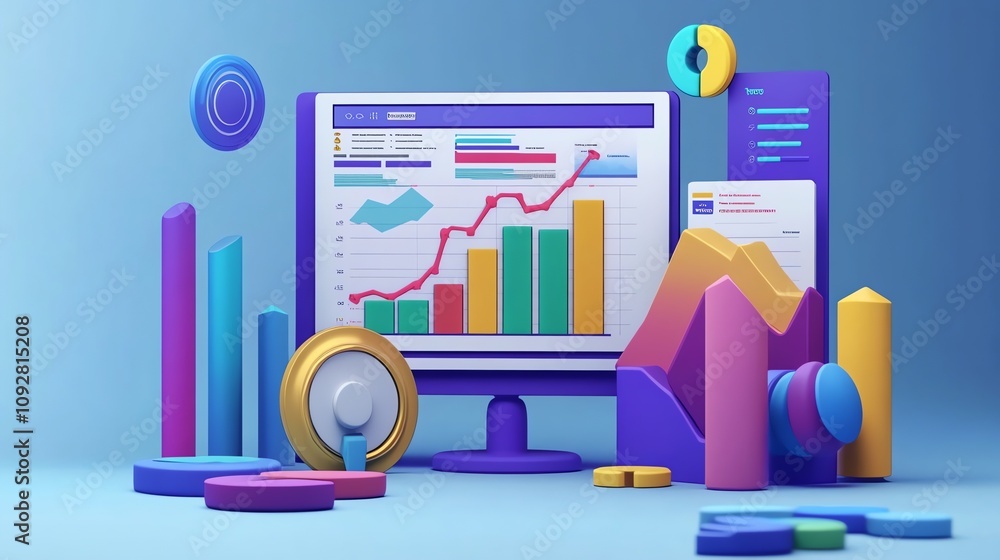 Poster a computer screen with colorful business charts and graphs.