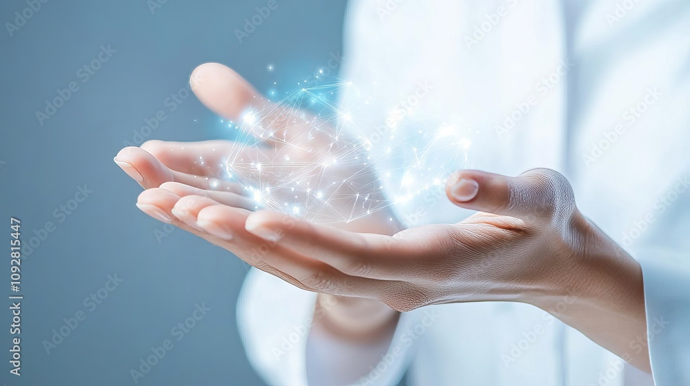 Poster Hands Holding a Shimmering Light Display Symbolizing Innovation, Creativity, and Technology in a Studio Setting with a Soft Blue Background