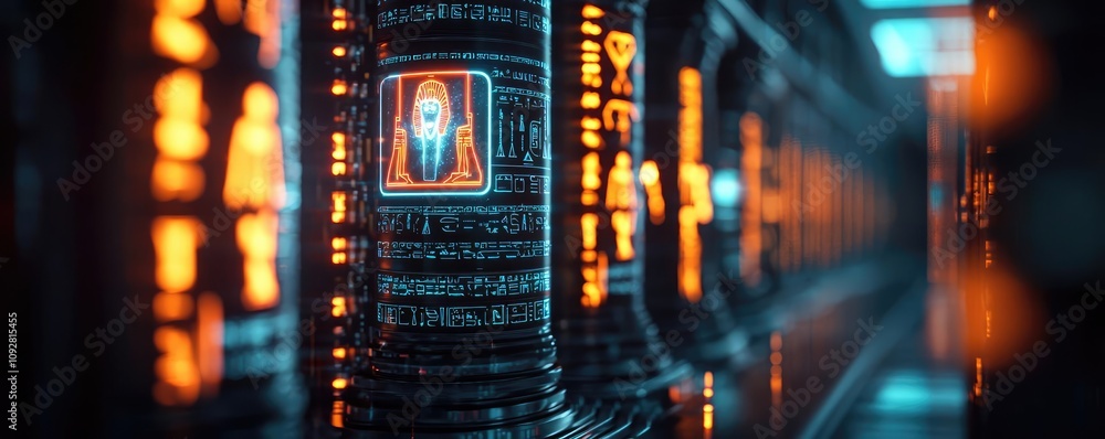 Poster futuristic data center with illuminated servers and glowing panels, high-tech environment.