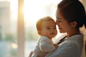 A joyful mother cradles her smiling baby as sunlight bathes the room, capturing an intimate and tender moment of affection and warmth between parent and child.