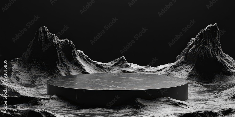 Poster dramatic black marble display platform surrounded by abstract mountain range in monochrome landscape