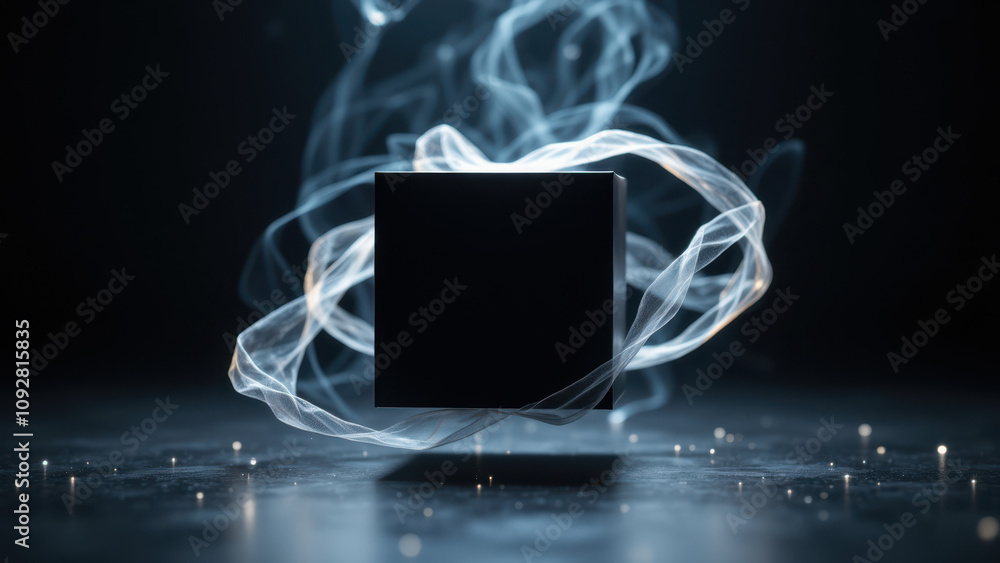 Poster a mysterious glowing cube with smoke swirling around it on a reflective surface.