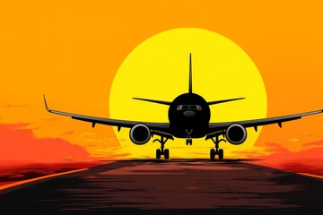 Minimalist silhouette of an airplane mid-flight, set against a gradient sunset background