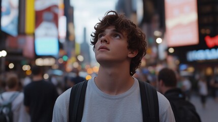 Fototapeta premium Young person exploring vibrant city streets at dusk in an urban setting. Generative AI