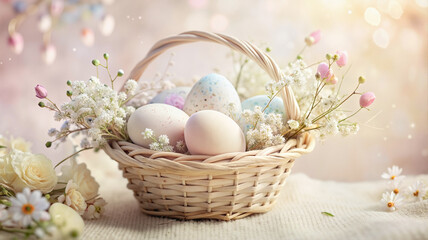 Obraz premium Basket of eggs with daisies and spring flowers