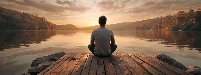 Reflective man sitting on lakeside dock at sunset, symbolizes tranquility and peace