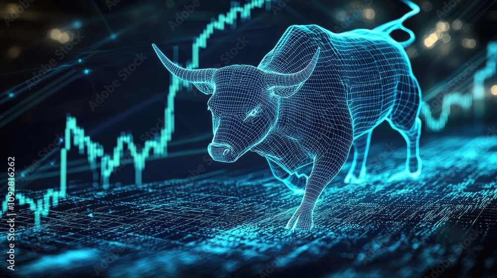 Poster digital bull symbolizing market growth with glowing data visualization.