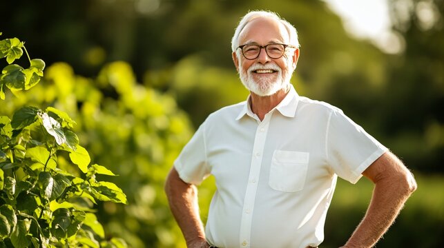 Senior man smiling in a vineyard during golden hour in summer. Generative AI