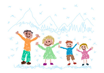 Happy family enjoying winter holidays in a snowy mountain landscape, depicted in a colorful childlike style.