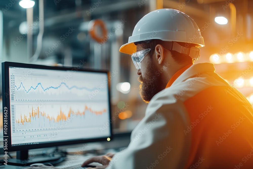 Poster professional engineer analyzing data trends on computer screen in modern industrial facility with ch