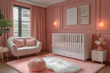 chambre à coucher bébé fille, nouveau né, lit douillet, intérieur 3D réaliste, décoration, tendance, architecte, design, mode, chaleureux, confortable, naturel, cocooning, douceur, blanc, rose, épuré